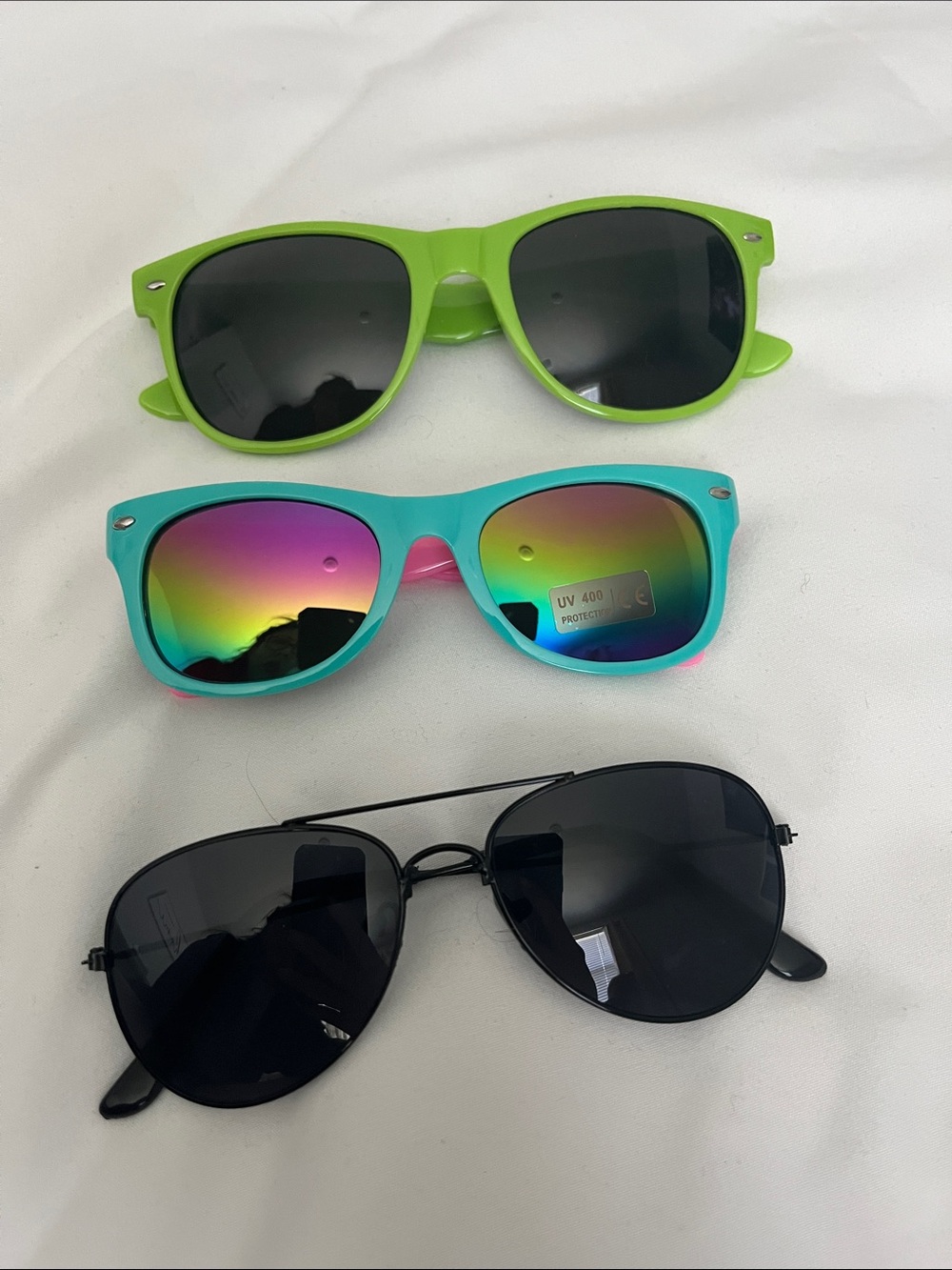 Three-Pair Sunglasses Set - Lime Green, Teal Rainbow, Black